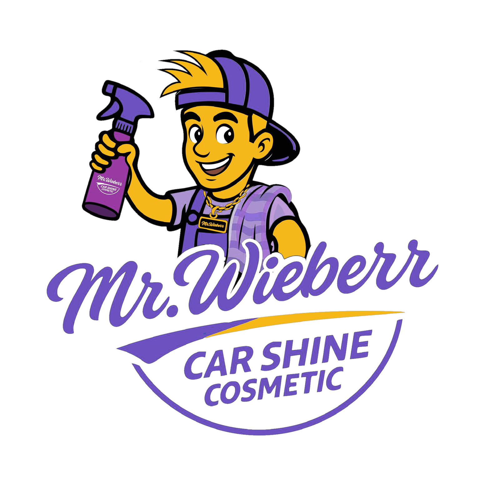 Mr.Wieberr Logo — Maskottchen mit Handschrift-Schriftzug und Car Shine Cosmetic Banner